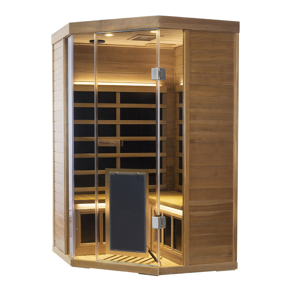 Wizzisaunas Corner Red Cedar Full-Glass Infrared Sauna