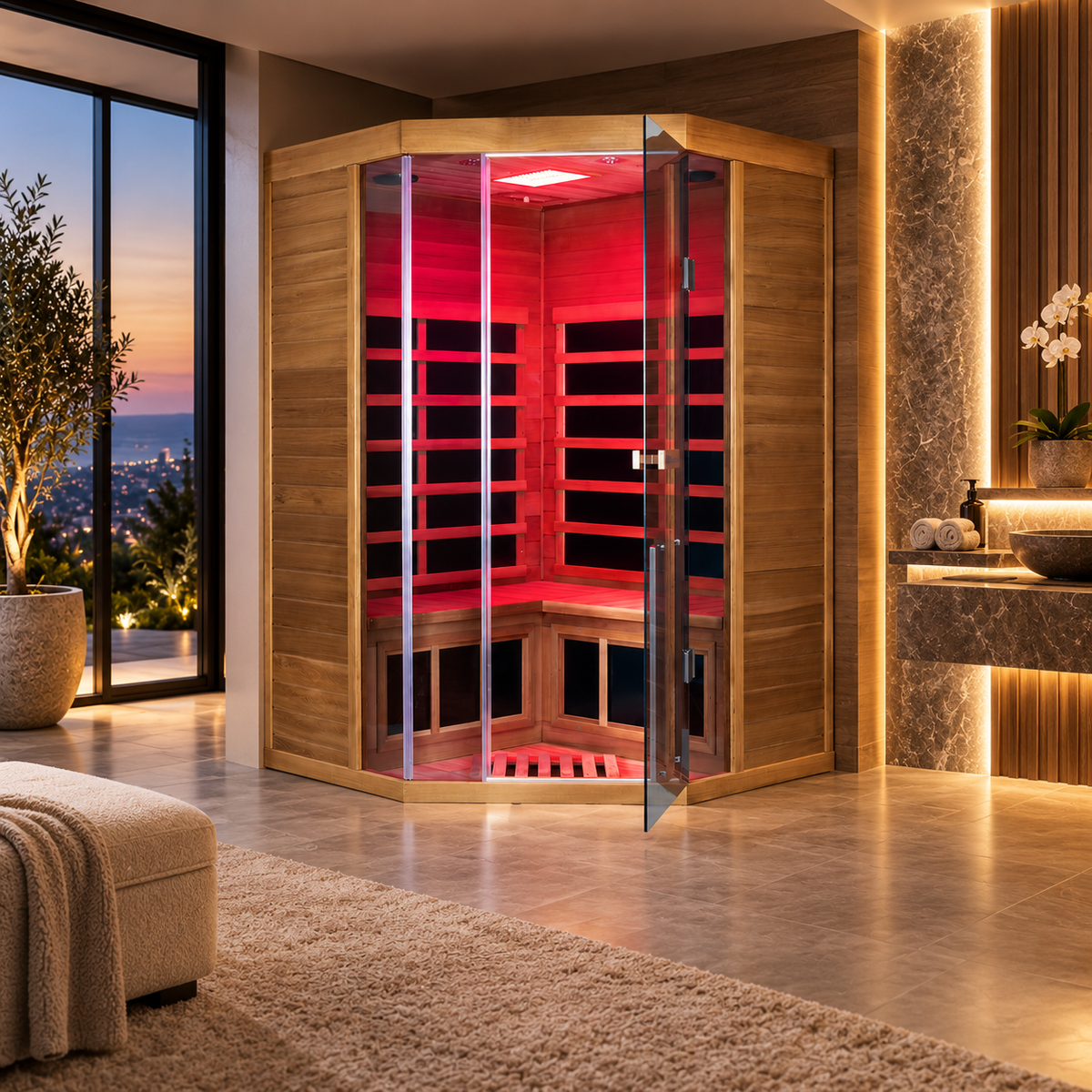 Wizzisaunas Corner Red Cedar Full-Glass Infrared Sauna