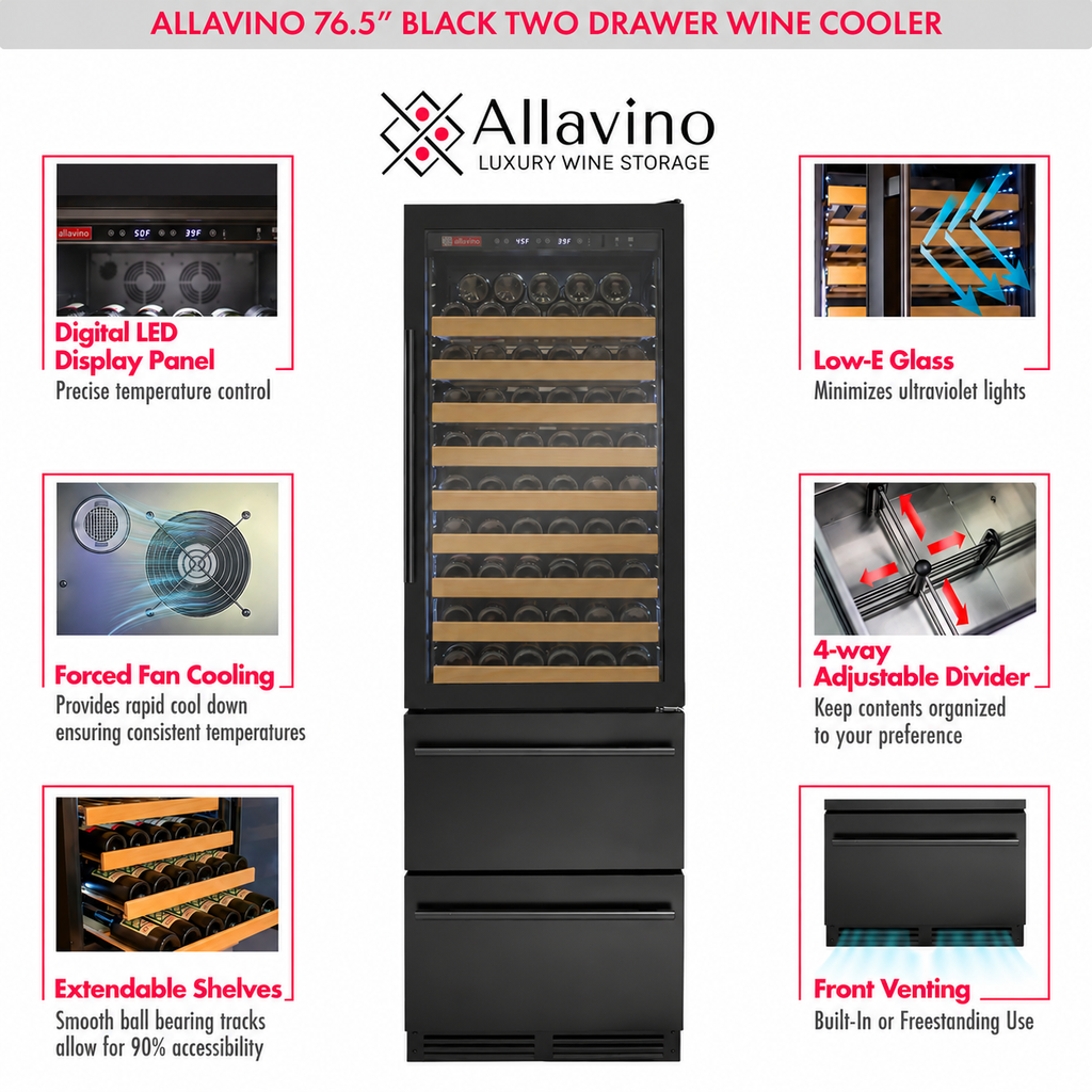 Allavino 108 Bottle Black Wine Refrigerator with Two Refrigerated Drawers