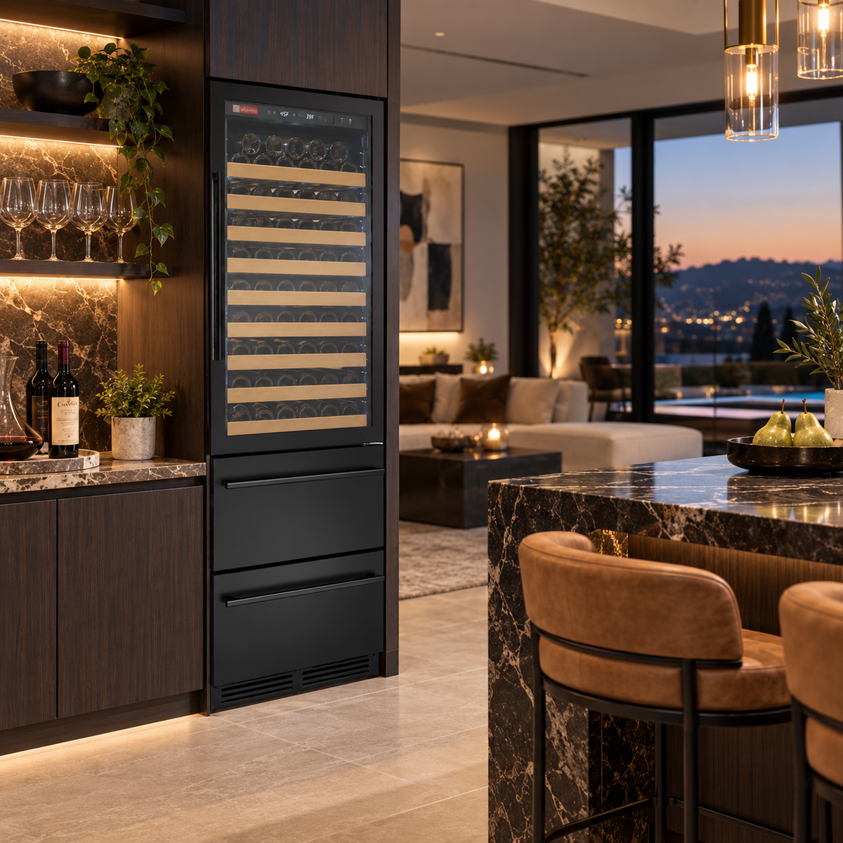 Allavino 108 Bottle Black Wine Refrigerator with Two Refrigerated Drawers
