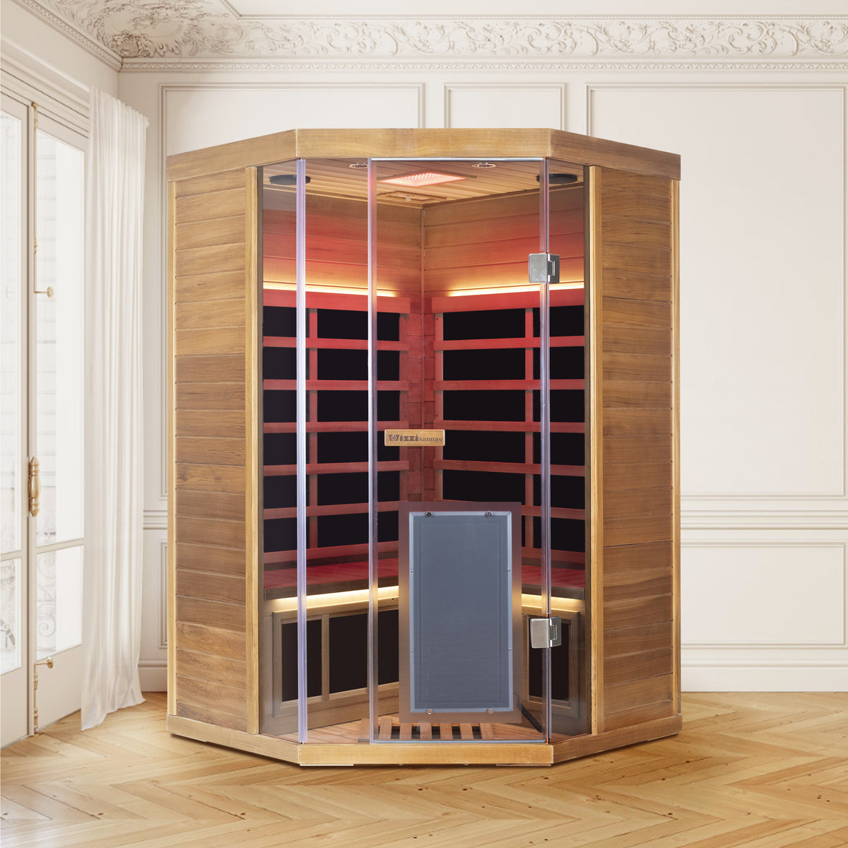 Wizzisaunas Corner Red Cedar Full-Glass Infrared Sauna