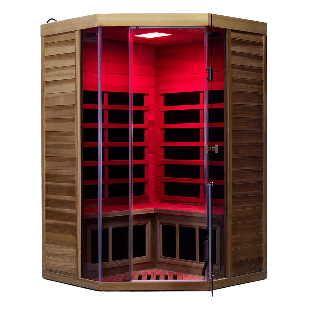 Wizzisaunas Corner Red Cedar Full-Glass Infrared Sauna