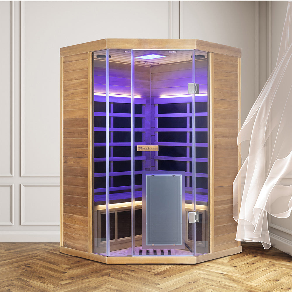 Wizzisaunas Corner Red Cedar Full-Glass Infrared Sauna
