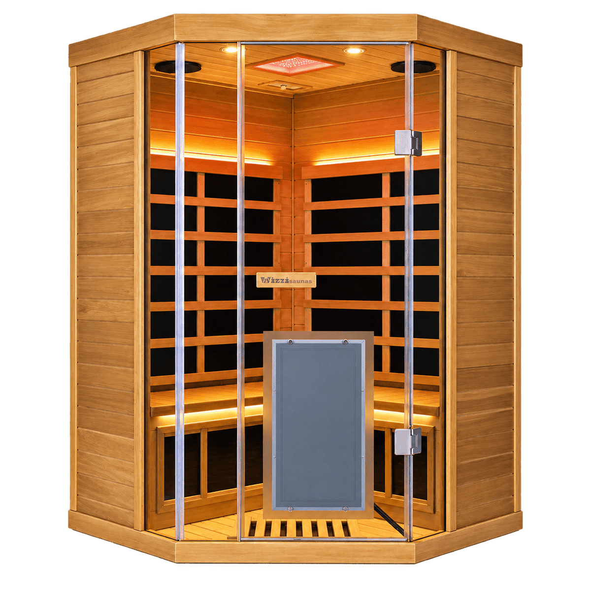 Wizzisaunas Corner Red Cedar Full-Glass Infrared Sauna