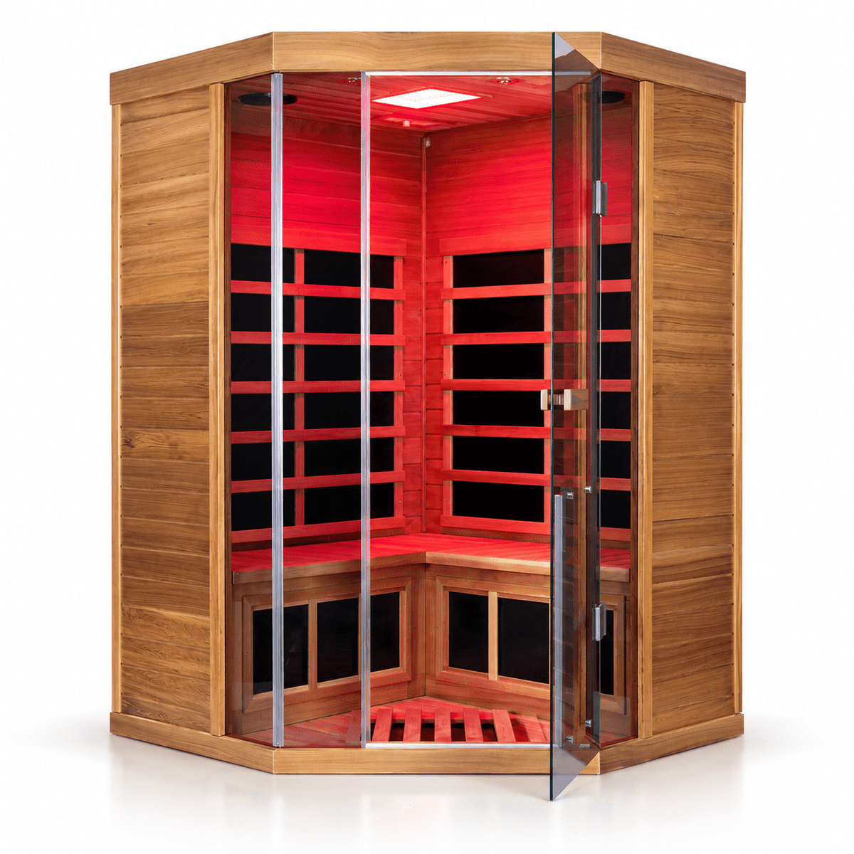 Wizzisaunas Corner Red Cedar Full-Glass Infrared Sauna