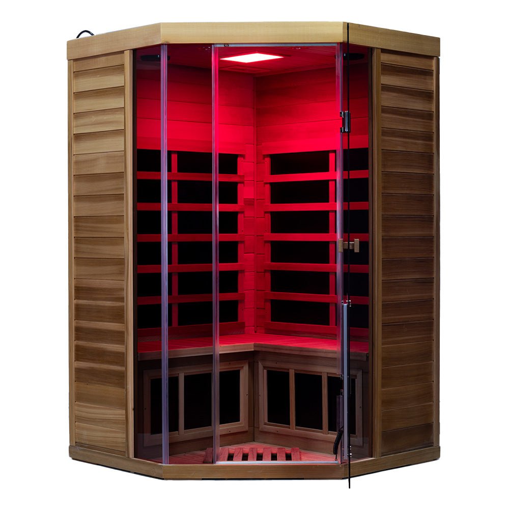 Wizzisaunas Corner Red Cedar Full-Glass Infrared Sauna